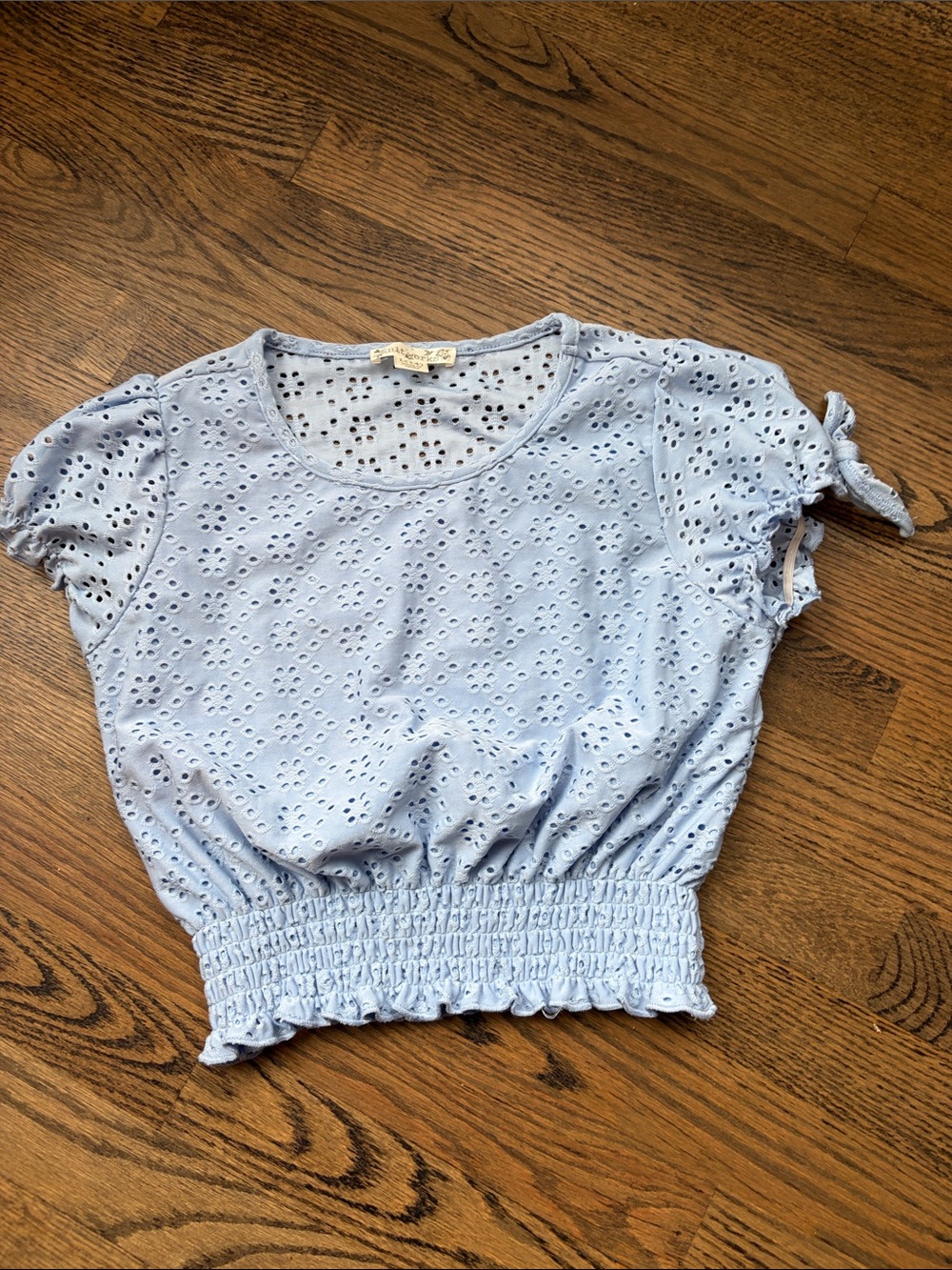 Knitworks Girls Light Blue Eyelet Smocked Crop Top with Tie Sleeves